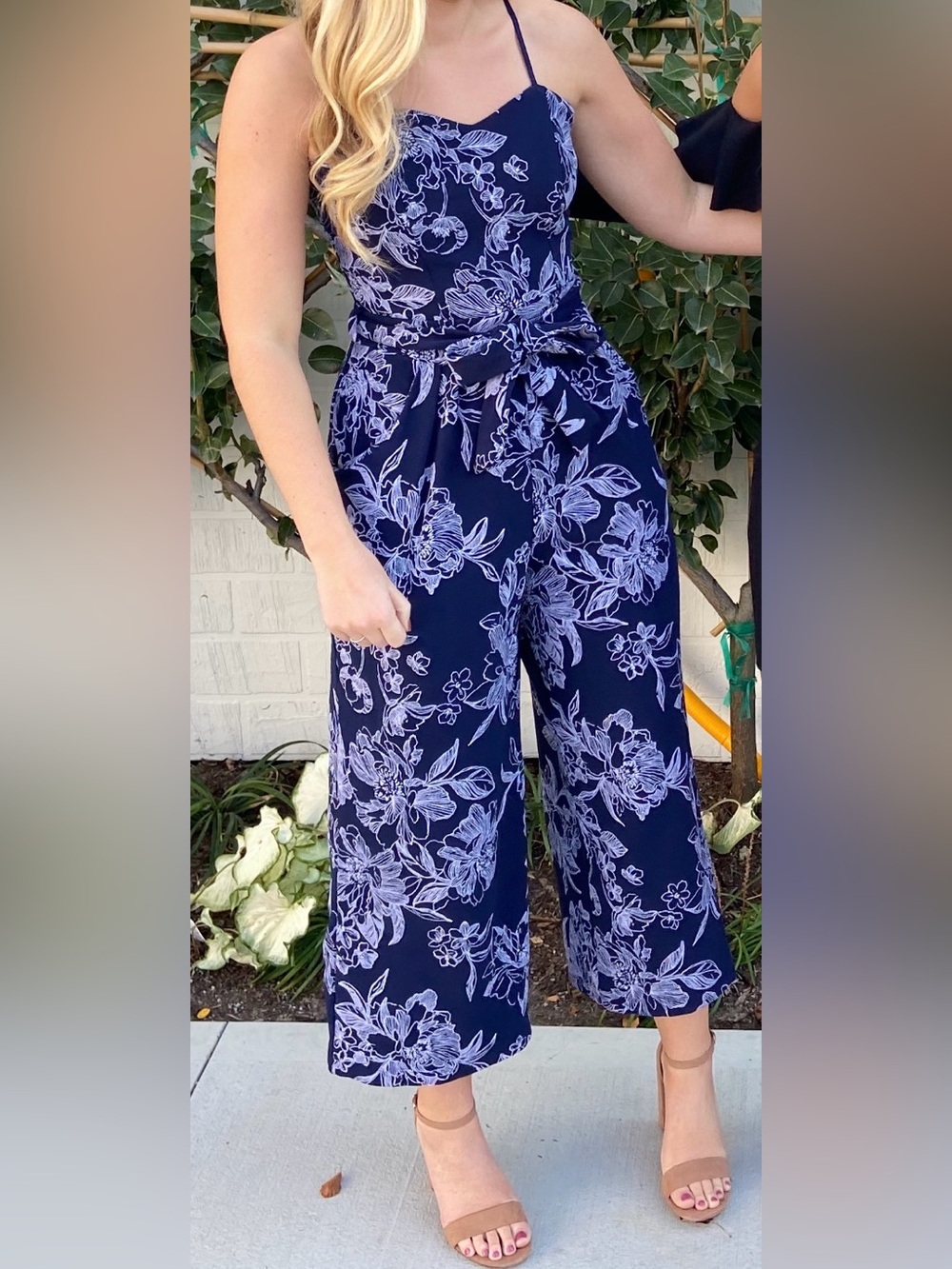 Navy Floral Wide-Leg Jumpsuit with Pockets